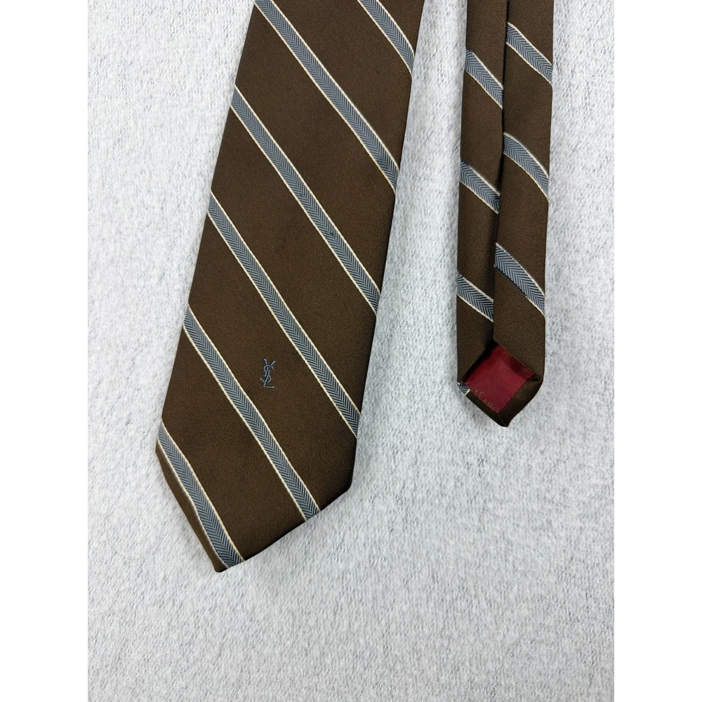 Yves Saint Laurent Mens Silk Tie Brown Blue Striped YSL Logo Designer Necktie
